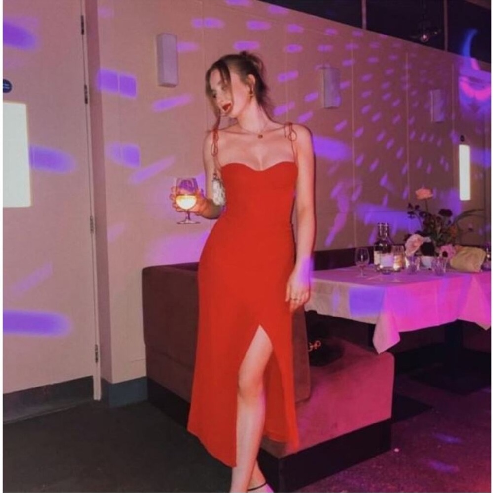 Red Dress midi cocktail party date slit bustier tie bow straps corset sweetheart - Picture 6 of 7